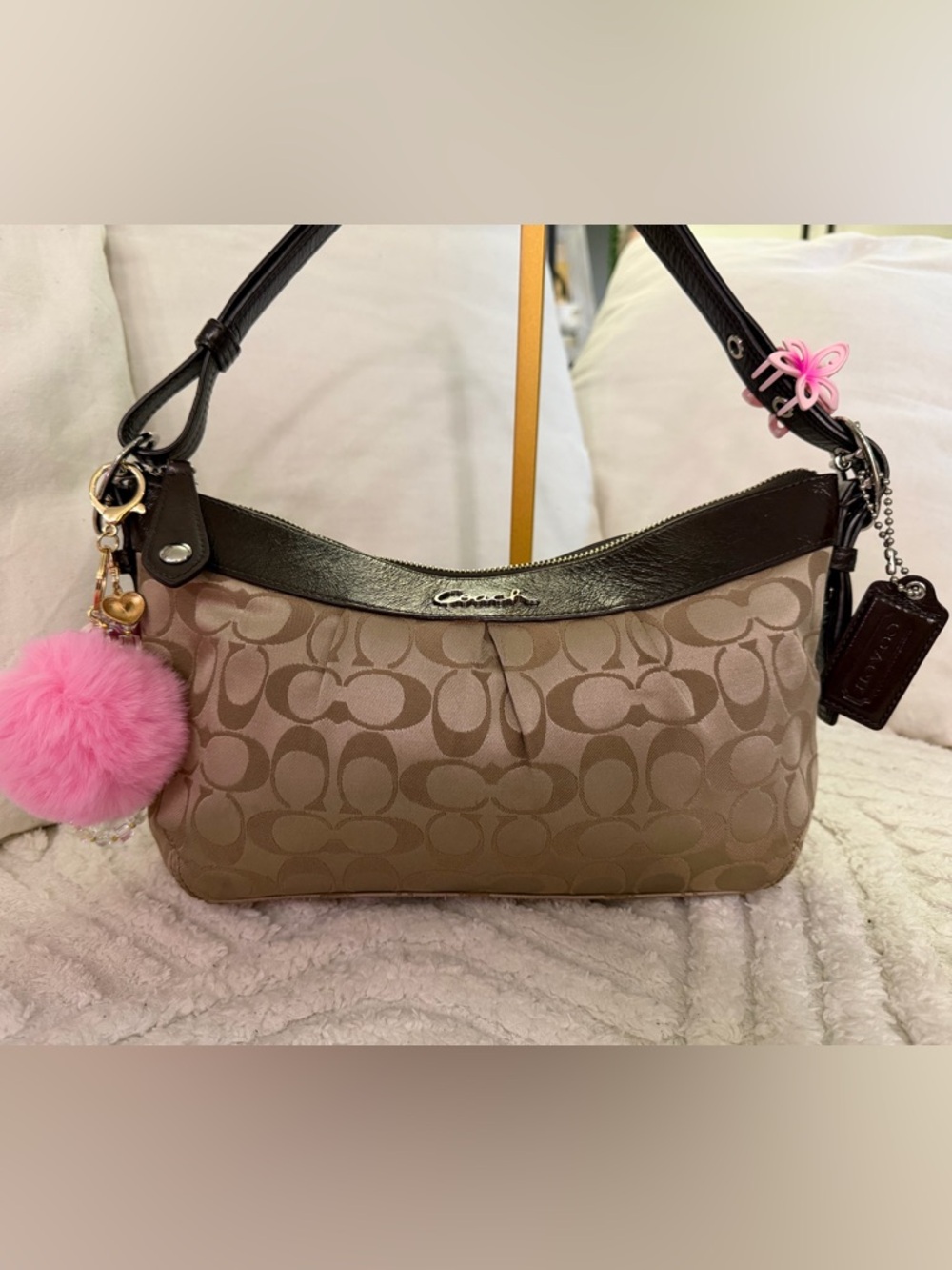 Coach Tan Signature Shoulder Bag with Dark Brown Trim